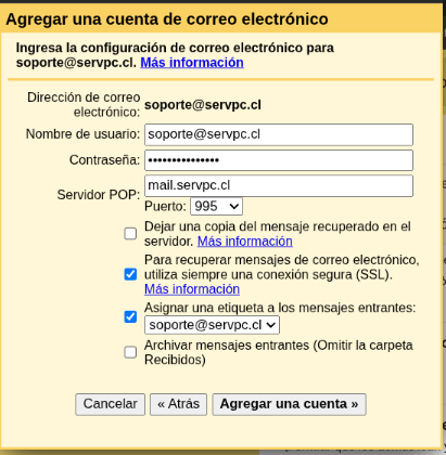 configuracion de la cuenta de correo POP